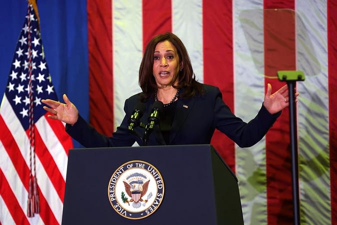 Watch Kamala Harris snap back when asked whether Biden or Manchin is “real president.”